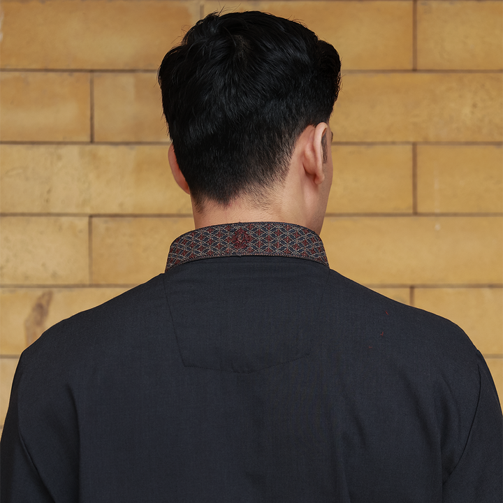 Slim Fit Emb Band Collar Suit