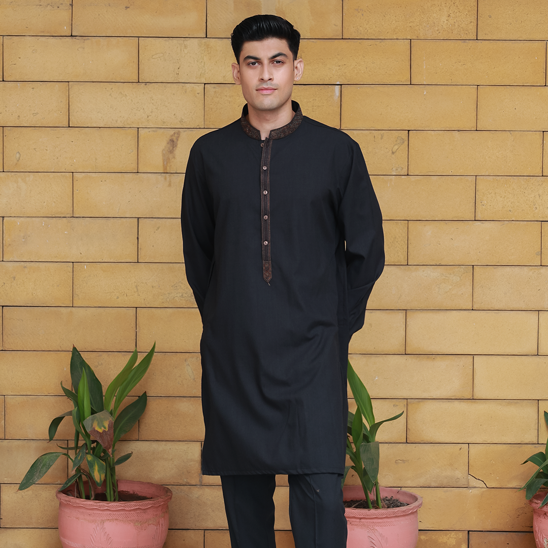Slim Fit Emb Band Collar Suit