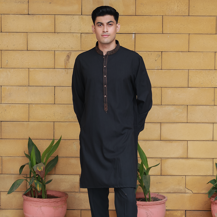 Slim Fit Emb Band Collar Suit