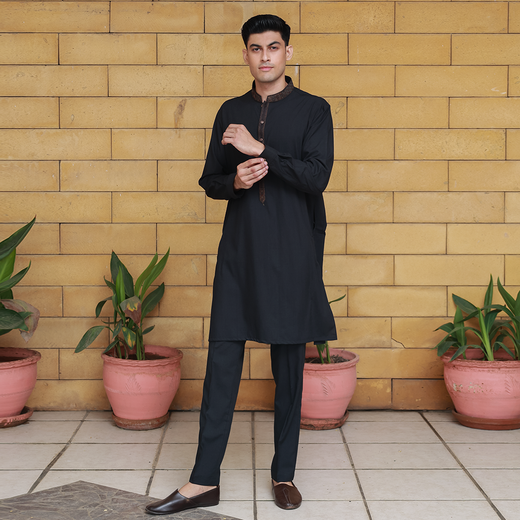 Slim Fit Emb Band Collar Suit