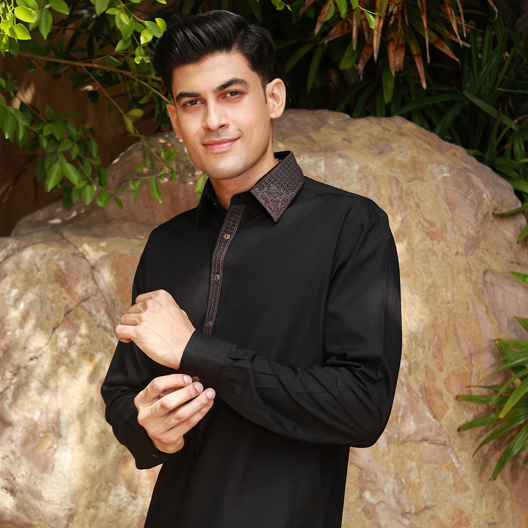 Slim Fit Emb Shirt Collar Suit