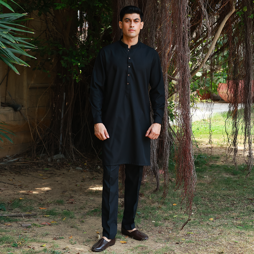Slim Fit Band Collar Plain Suit