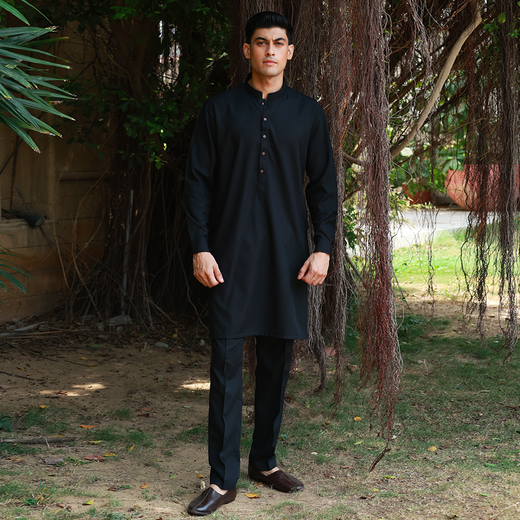 Slim Fit Band Collar Plain Suit