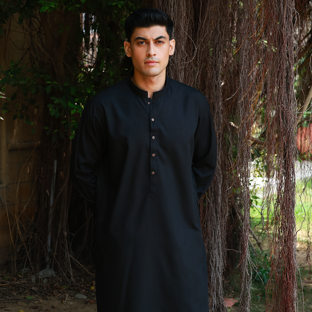 Slim Fit Band Collar Plain Suit