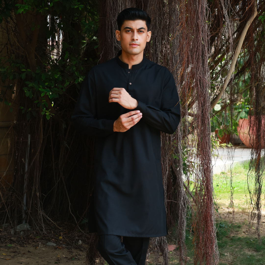 Slim Fit Band Collar Plain Suit