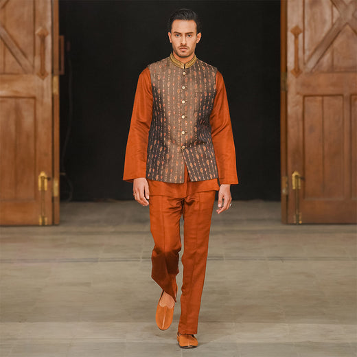 Snake-Skin Texture jamawar waistcoat with rust Short length Kurta