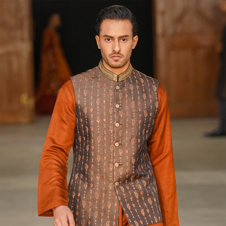 Snake-Skin Texture jamawar waistcoat with rust Short length Kurta