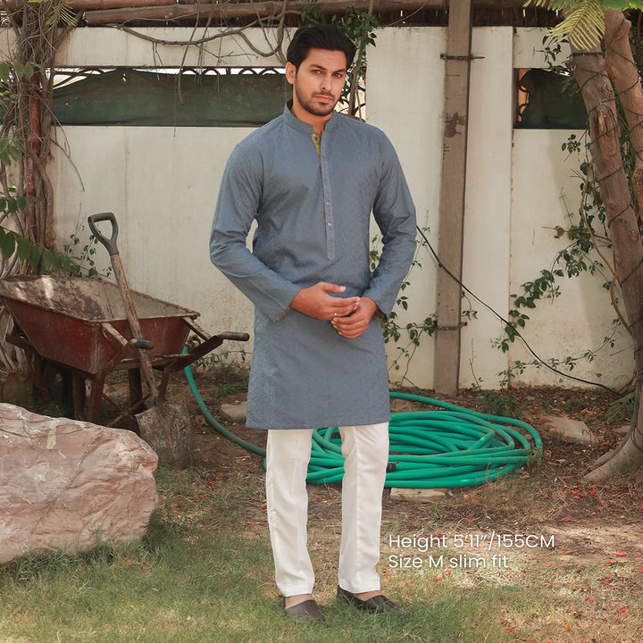 Stone Grey Schiffli Cotton Slim Fit Kurta