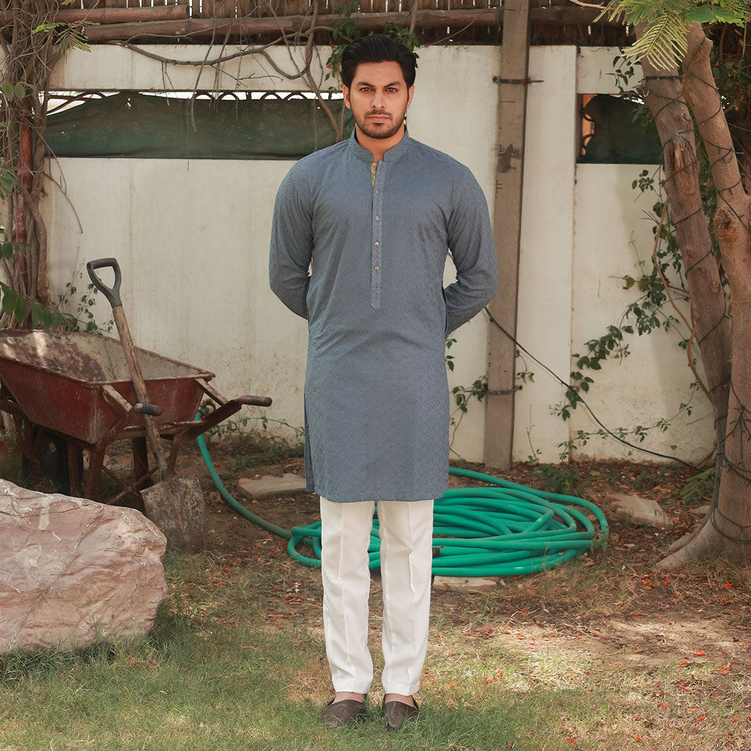 Stone Grey Schiffli Cotton Slim Fit Kurta