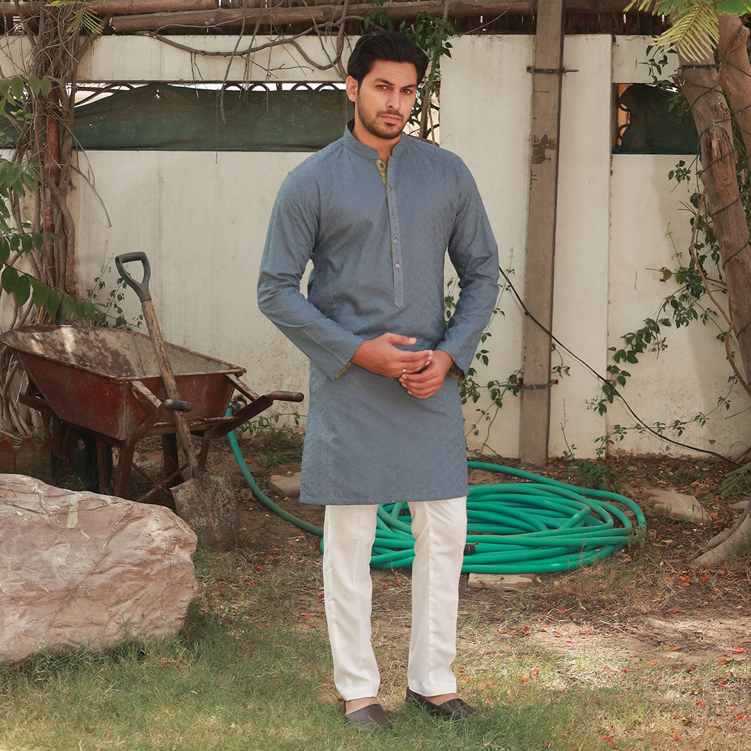 Stone Grey Schiffli Cotton Slim Fit Kurta