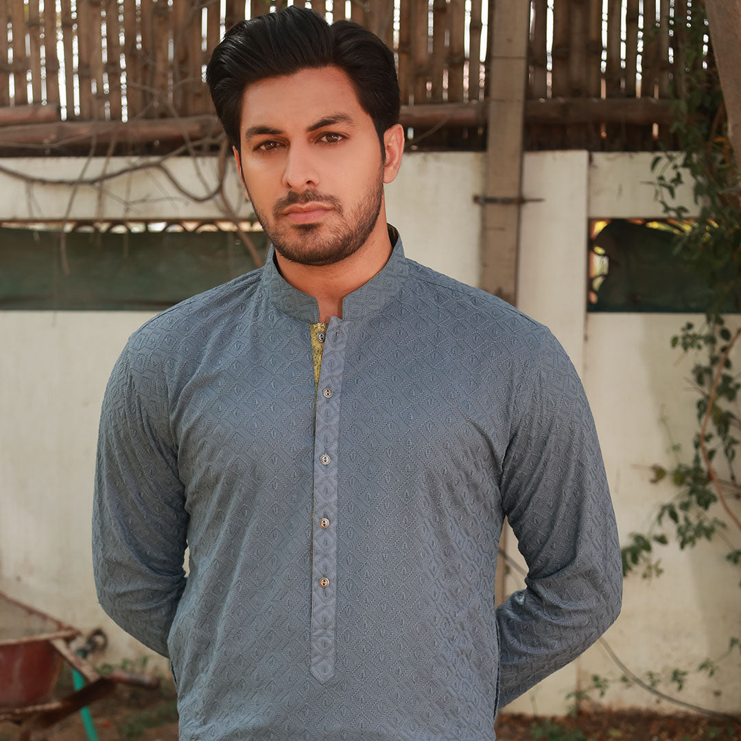 Stone Grey Schiffli Cotton Slim Fit Kurta