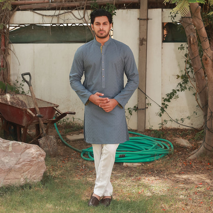 Stone Grey Schiffli Cotton Slim Fit Kurta