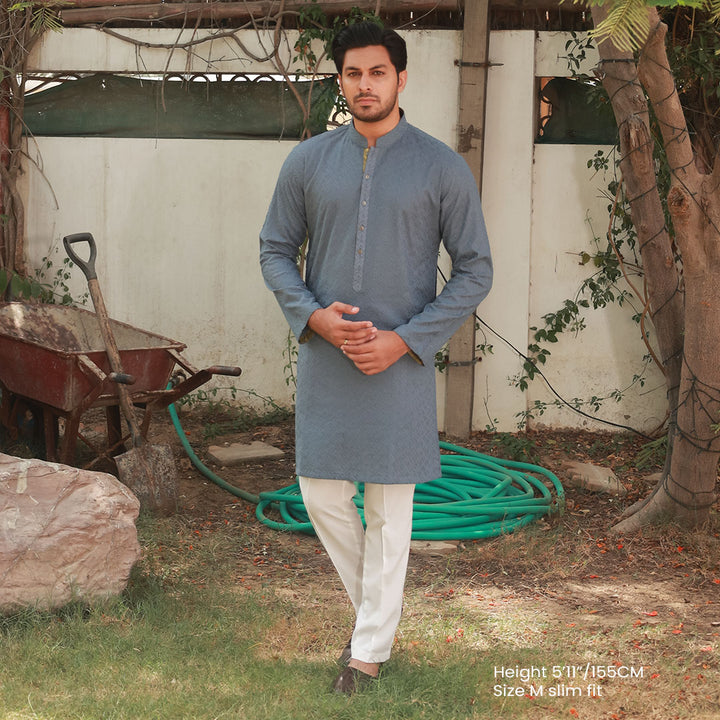 Stone Grey Schiffli Cotton Slim Fit Kurta