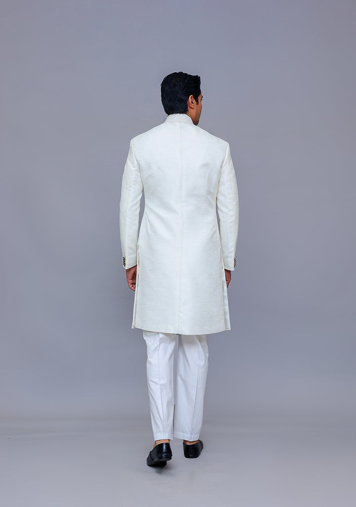 Premium Kambal Jamawar Bright White Traditional Sherwani