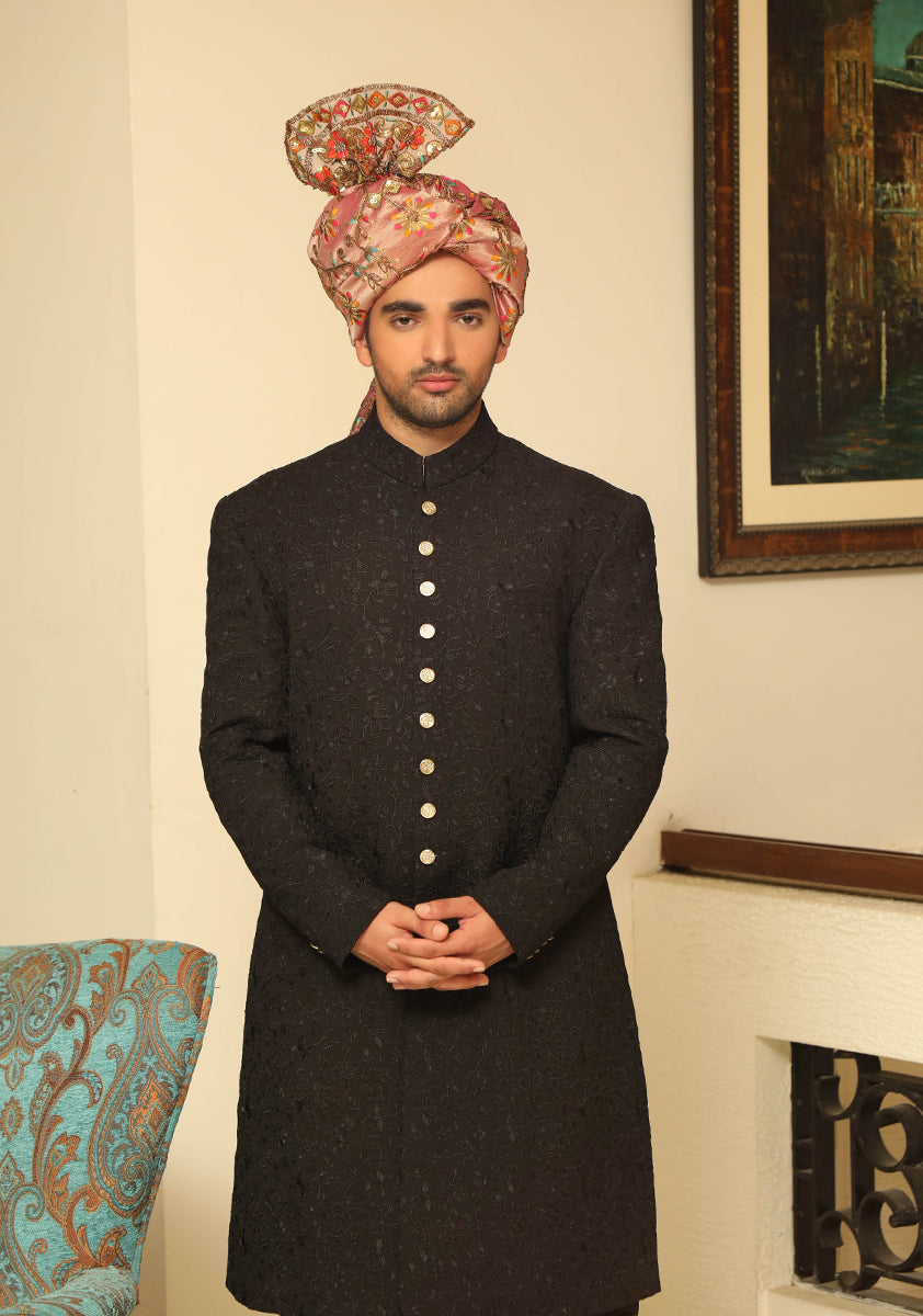 Premium Georgette Pirate Black Traditional Sherwani
