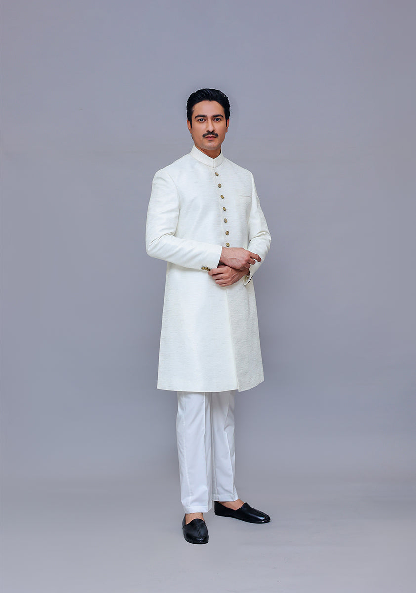 Premium Kambal Jamawar Bright White Traditional Sherwani