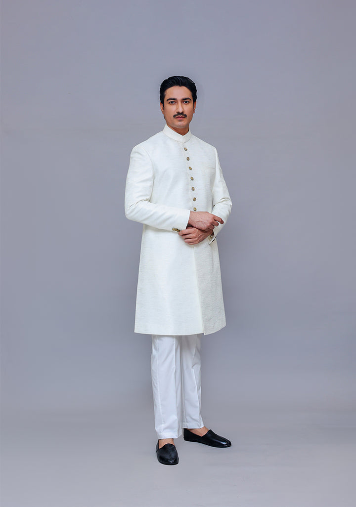 Premium Kambal Jamawar Bright White Traditional Sherwani