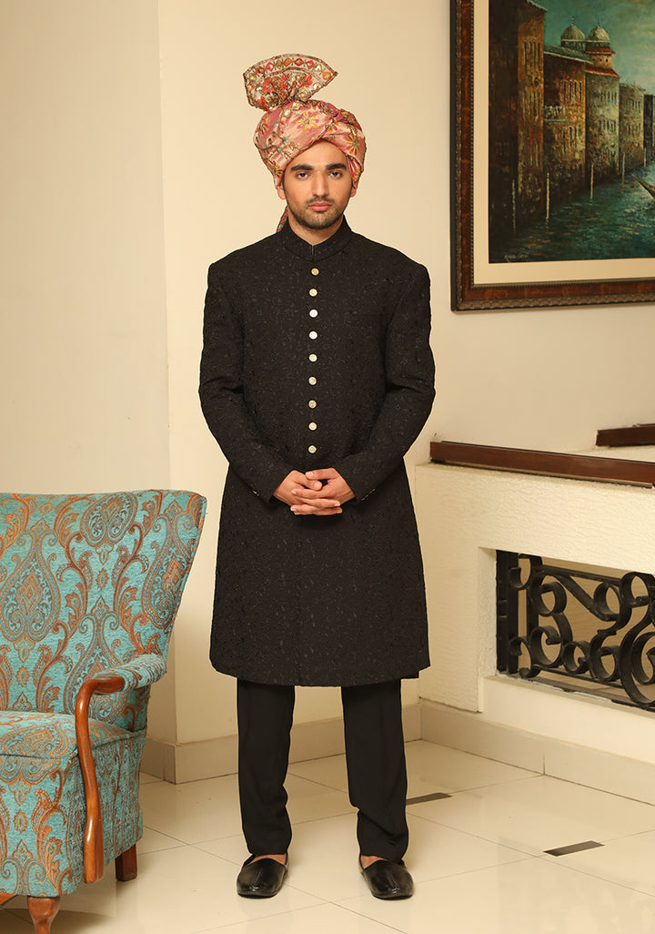 Premium Georgette Pirate Black Traditional Sherwani