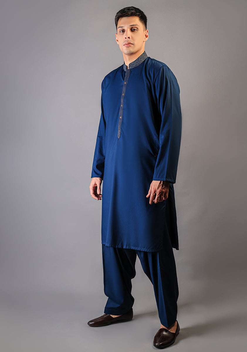 Basic Poly Viscose Moroccon Blue Classic Fit Embroidered Suit