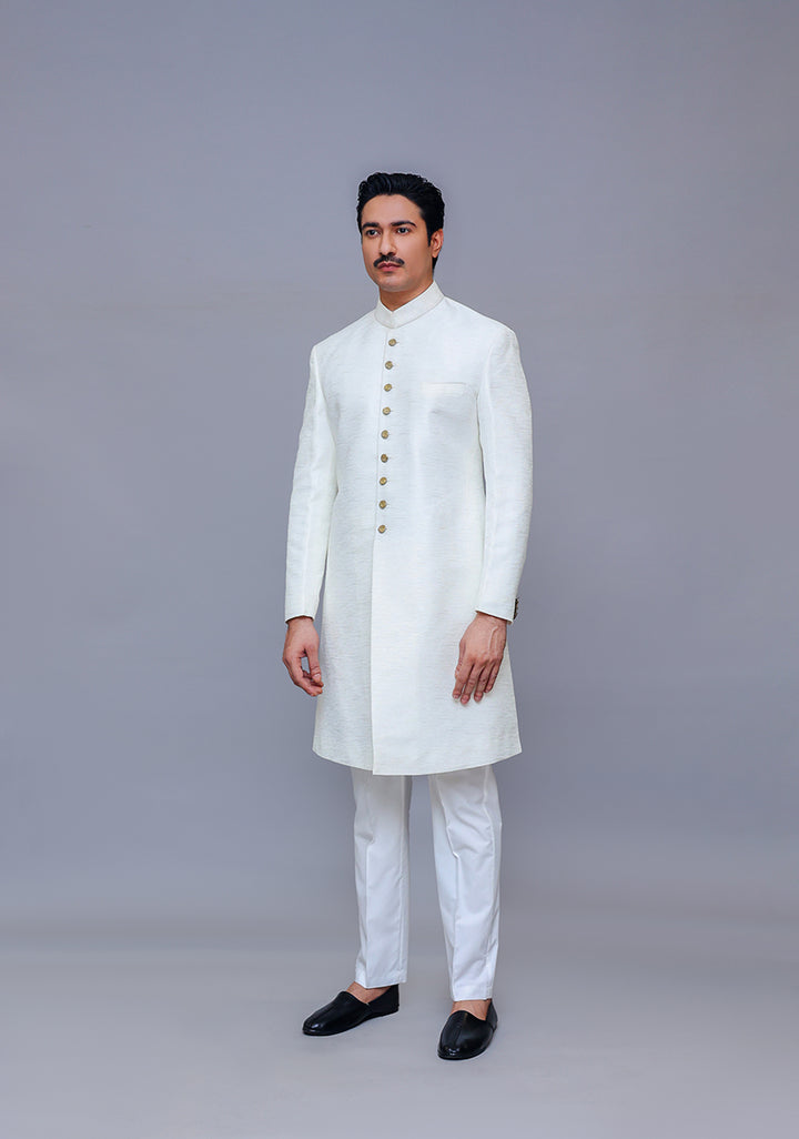 Premium Kambal Jamawar Bright White Traditional Sherwani