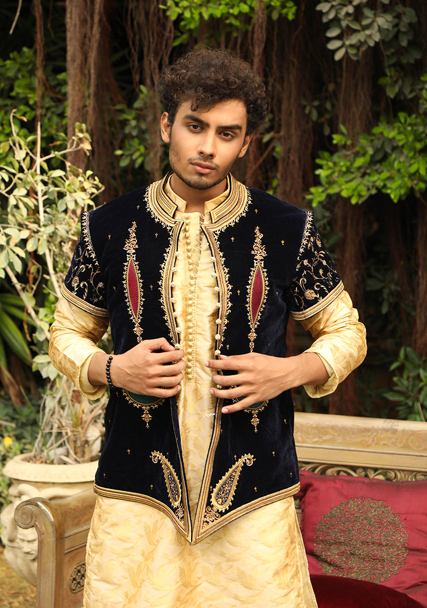 Premium Velvet Blue Talpuri Waistcoat along with Jamawar Suit and