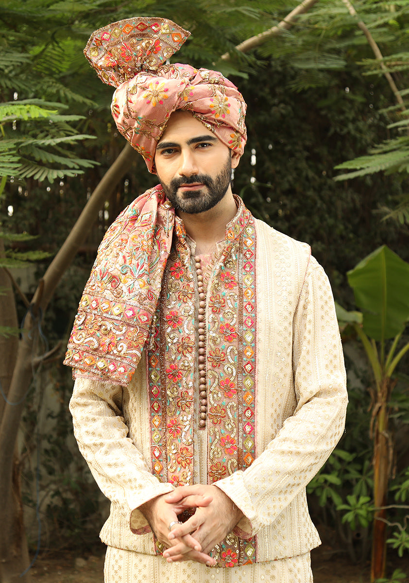 Premium Pink Mehndi Event Look with Two way Waistcoat