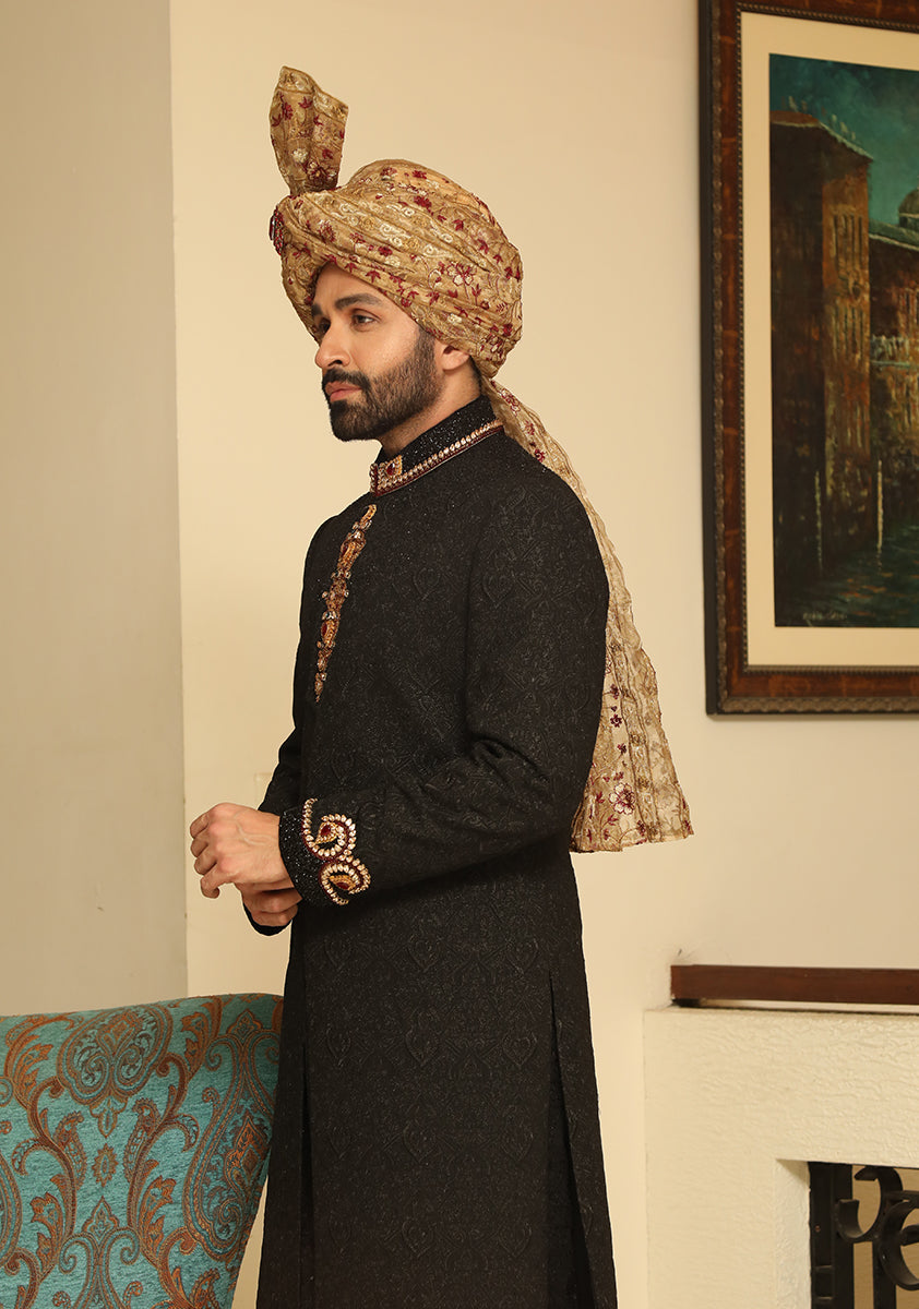 Premium Tilla Textured Black Sherwani – Amir Adnan