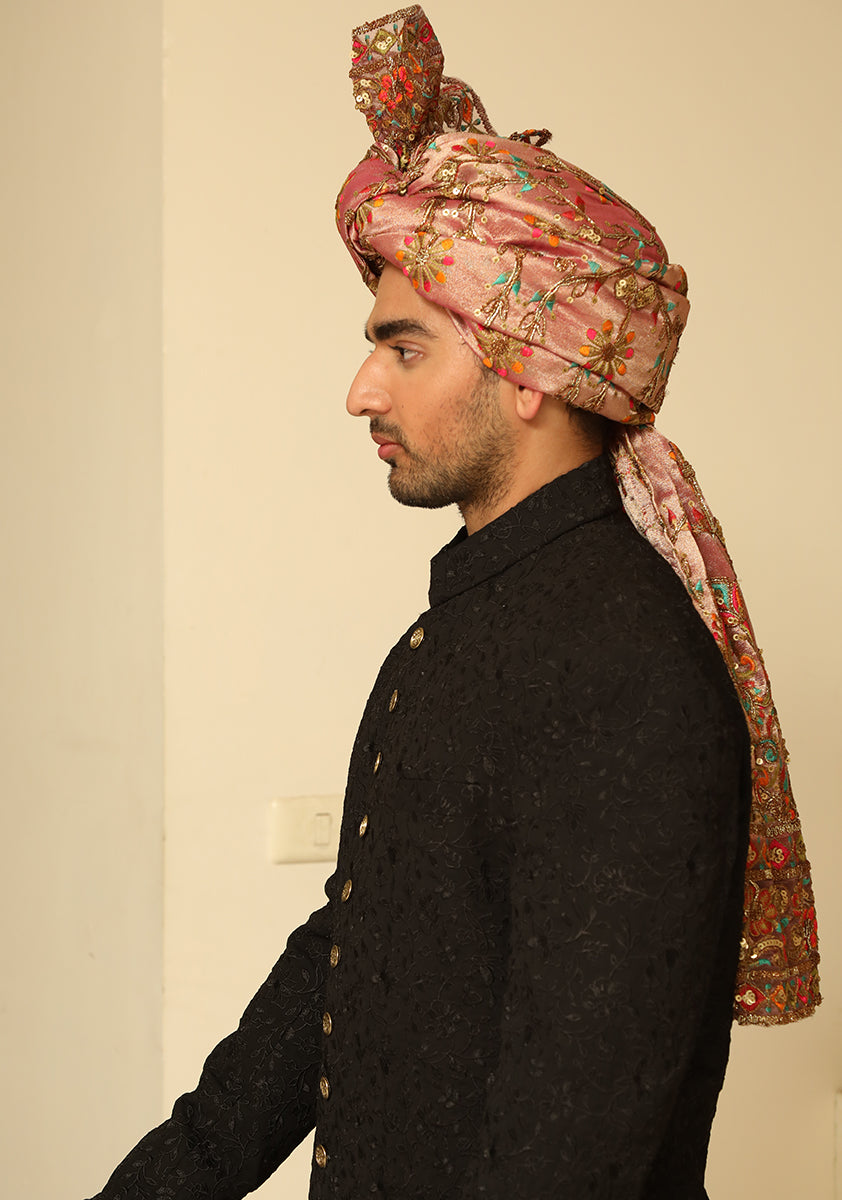 Premium Georgette Black Sherwani with Pink Turban