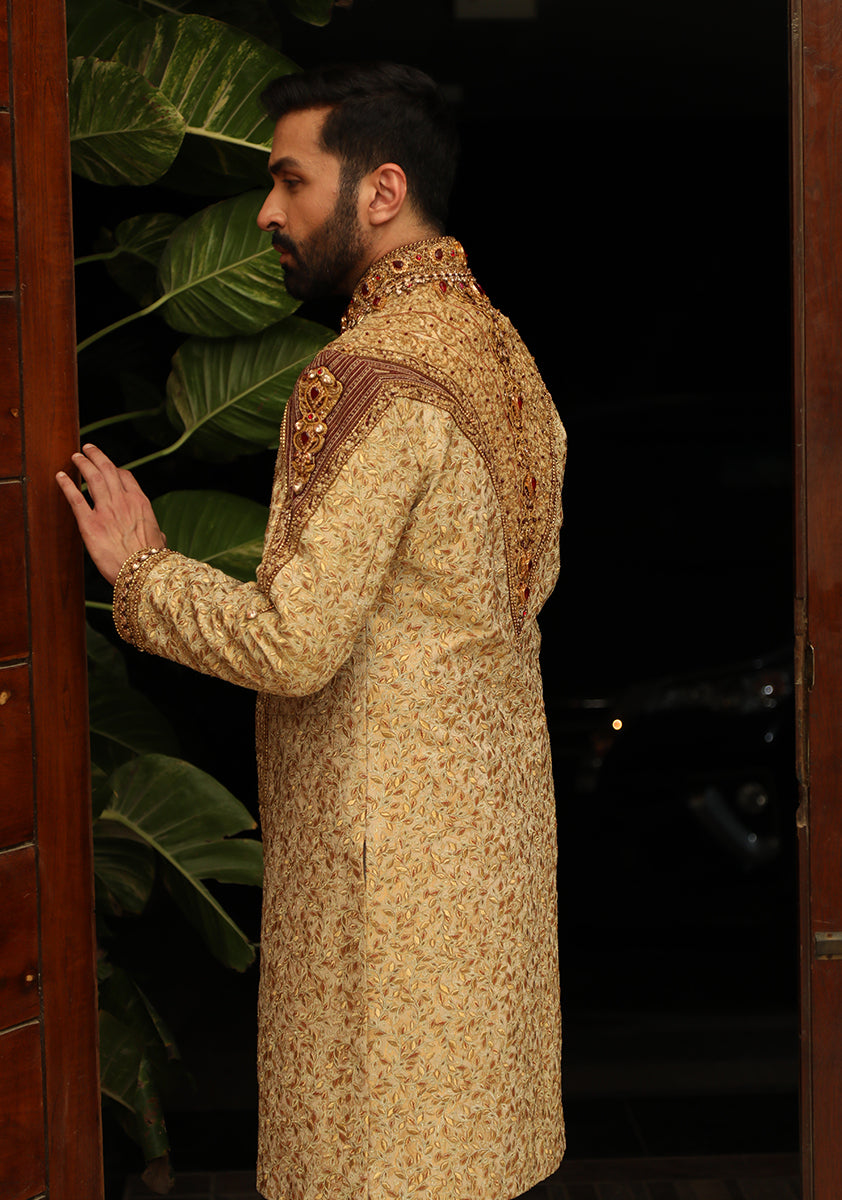 Premium Jamawar Gold Sherwani with Jewel and stone Embellishment