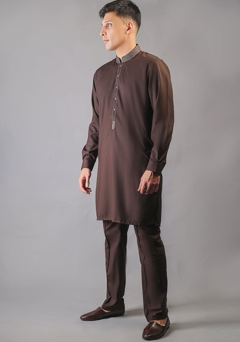 Basic Poly Viscose Coffee Been Slim Fit Embroidered Suit