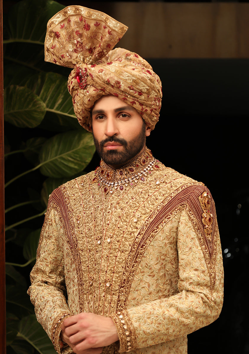Premium Jamawar Gold Sherwani with Jewel and stone Embellishment