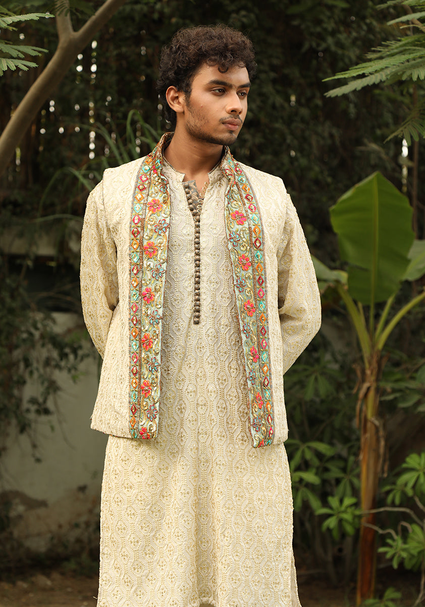 Premium Golden Mehndi Event Look with Two way Waistcoat