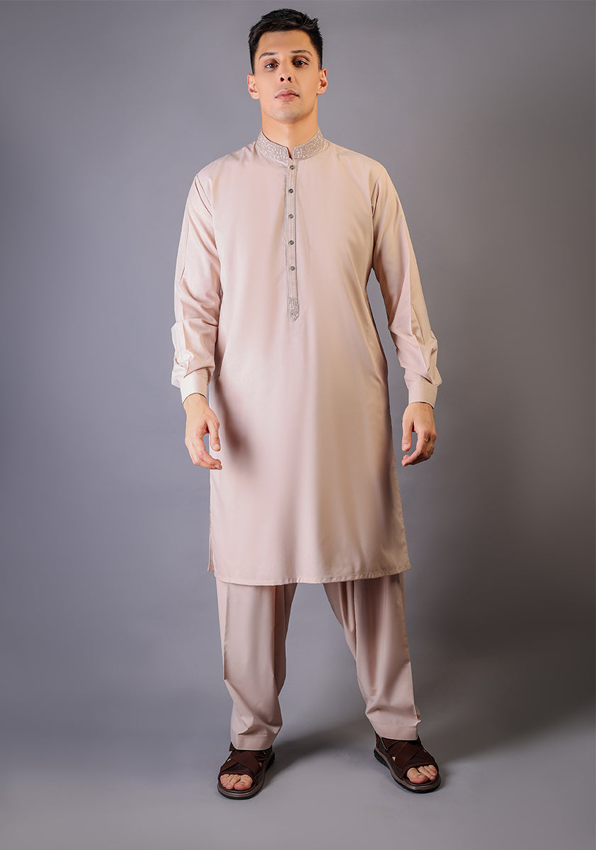Classic Poly Viscose Whisper Pink Classic Fit Embroidered Suit
