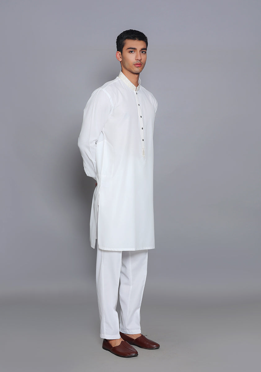 Cotton Silk Cloud Dancer Slim Fit Emb Kurta Pajama