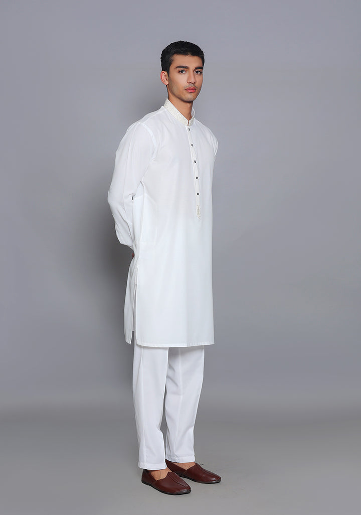 Cotton Silk Cloud Dancer Slim Fit Emb Kurta Pajama