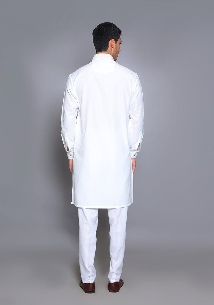 Cotton Silk Cloud Dancer Slim Fit Emb Kurta Pajama