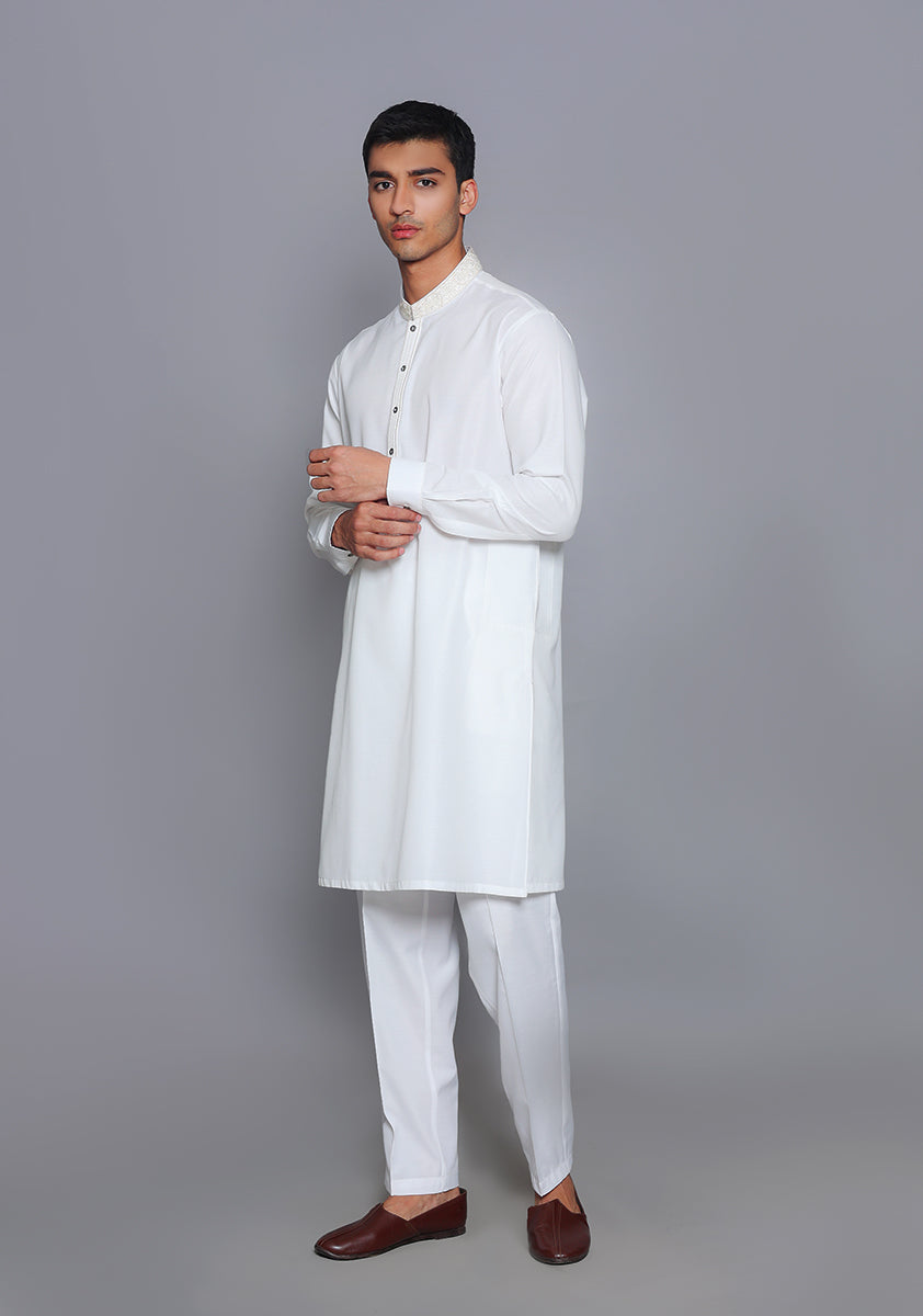 Cotton Silk Cloud Dancer Slim Fit Emb Kurta Pajama