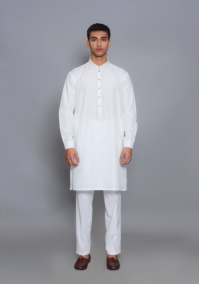 Cotton Silk Cloud Dancer Slim Fit Emb Kurta Pajama