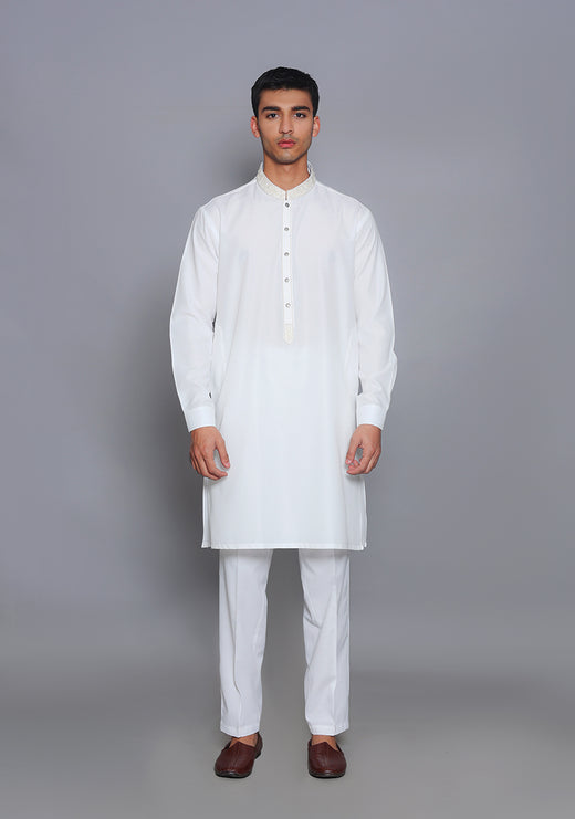 Cotton Silk Cloud Dancer Slim Fit Emb Kurta Pajama