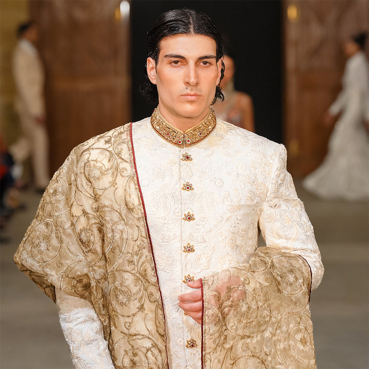 White Floral Embroidered Jamawar Sherwani