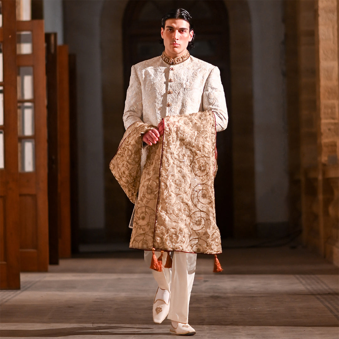 White Floral Embroidered Jamawar Sherwani