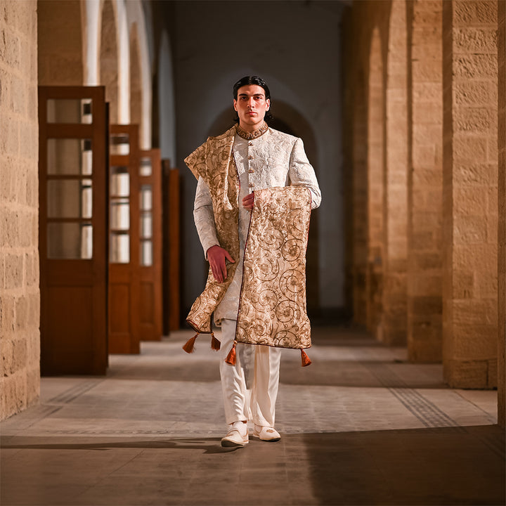 White Floral Embroidered Jamawar Sherwani