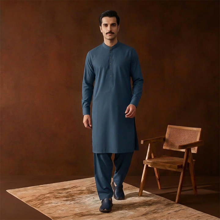 Classic Fit Band Collar Plain Kameez Shalwar