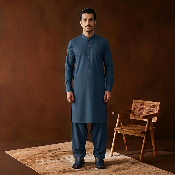 Classic Fit Band Collar Plain Kameez Shalwar