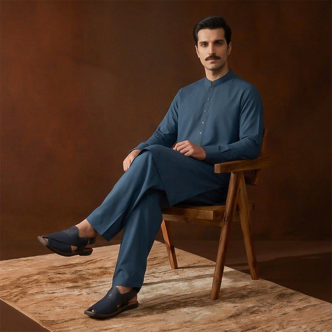 Classic Fit Band Collar Plain Kameez Shalwar