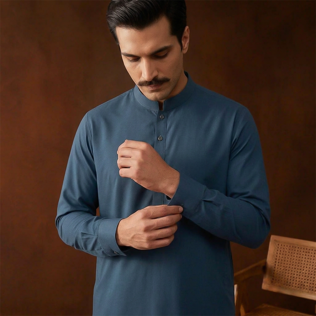 Classic Fit Band Collar Plain Kameez Shalwar