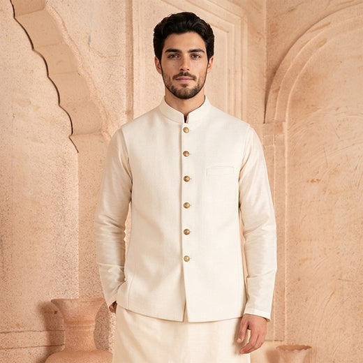 Classic Kambal Jamawar Vanilla Ice Traditional Waistcoat