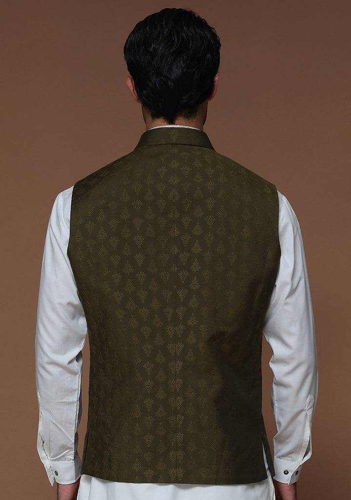 Jamawar Olive Traditional Waistcoat