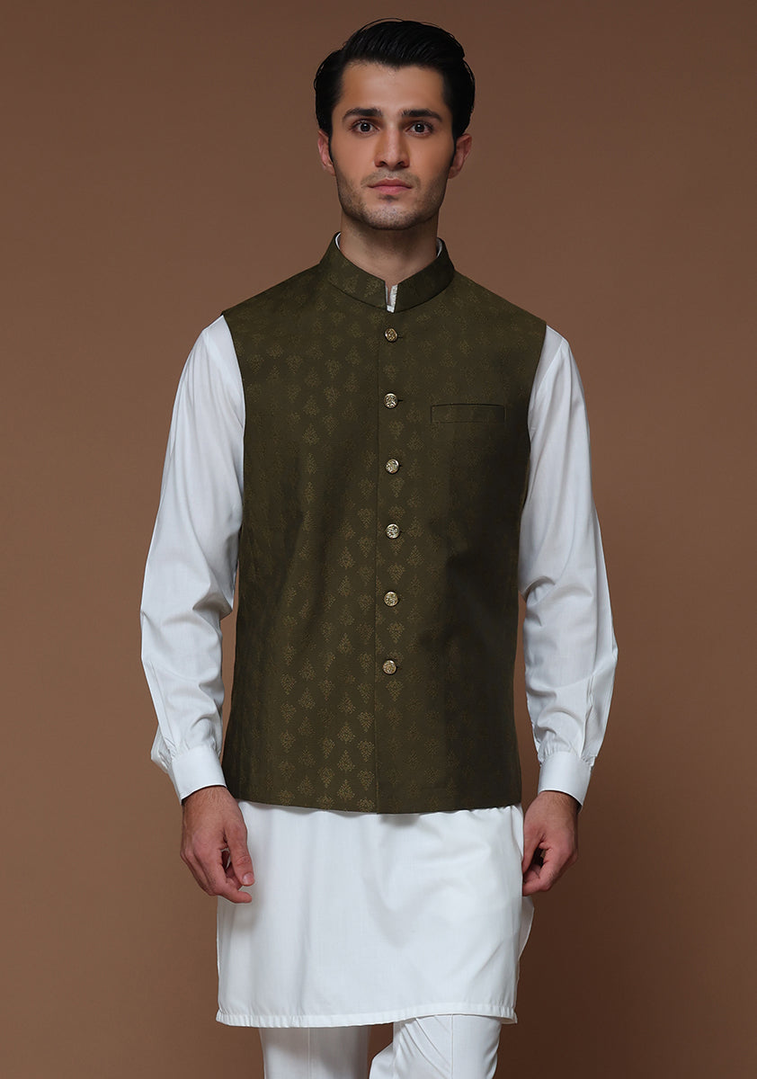 Jamawar Olive Traditional Waistcoat