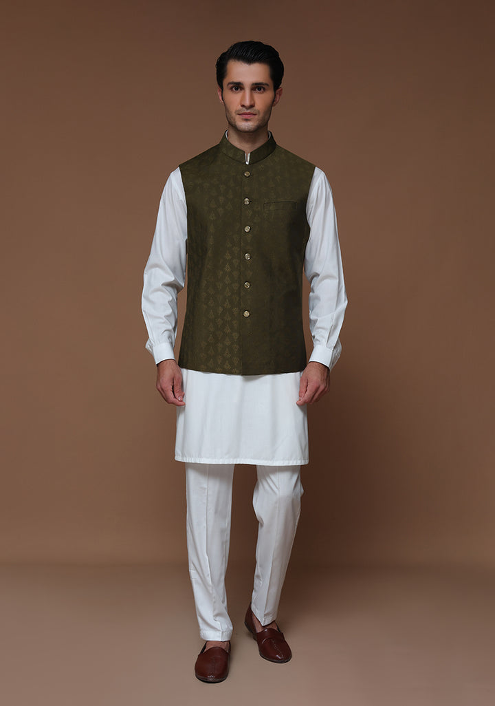 Jamawar Olive Traditional Waistcoat
